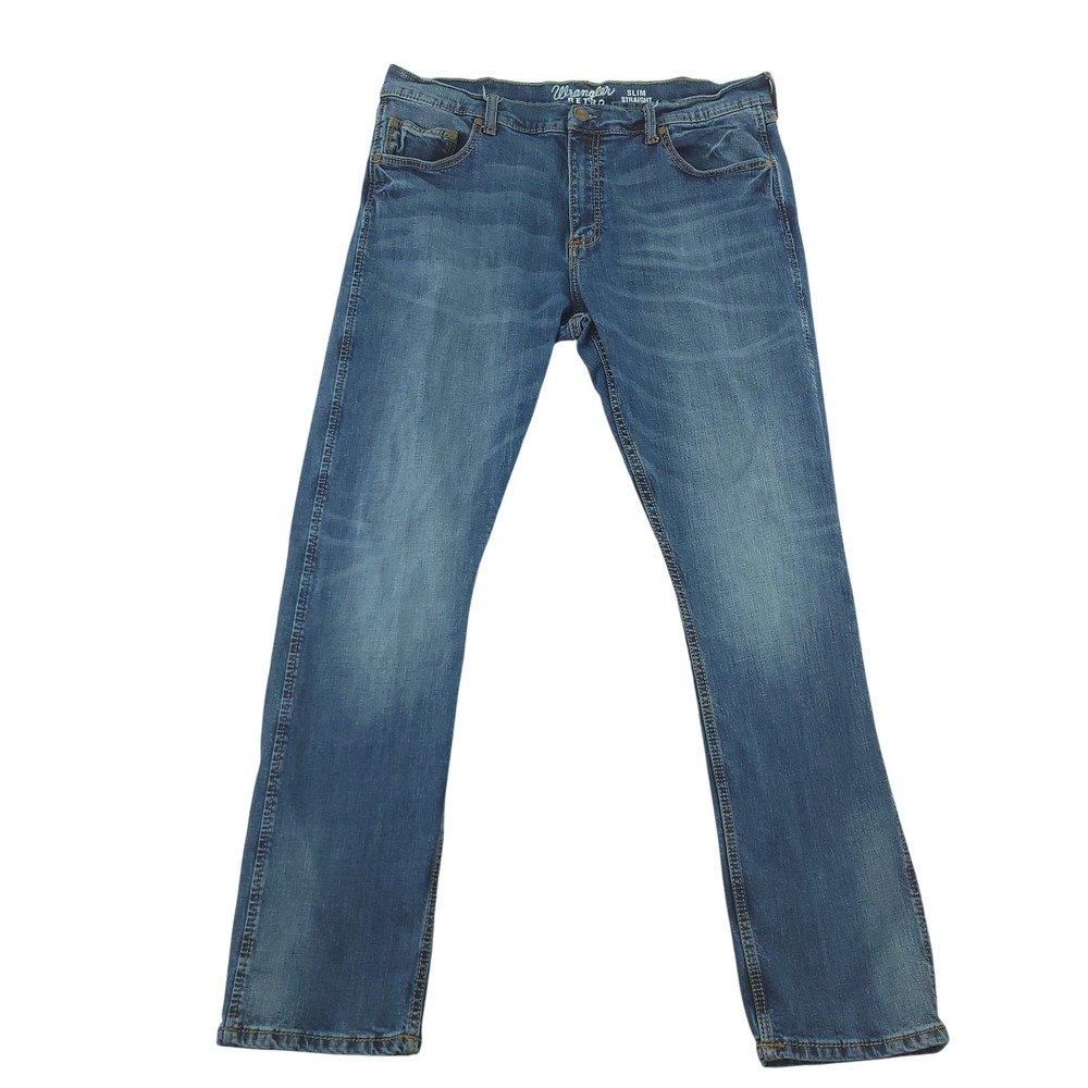 Wrangler Retro Slim Straight Jeans Mens 38x34 Blue Medium Wash Stretch Denim
